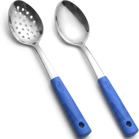 Metal Serving Spoons Set, Large Serving Spoons with Silicone Handles, Stainless Steel Serving Spoon, Slotted Spoon & Soup Ladle Set for Buffet and Home Kitchen (Blue)