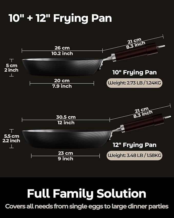 2-Piece Auto-Seasoning Carbon Steel Pan Set 10 & 12 Inch, Deep Nitrided Skillets Professional Cookware Bundle, Pre-seasoned, Wooden Handle, PFAS & PFOA-Free