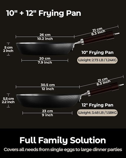 2-Piece Auto-Seasoning Carbon Steel Pan Set 10 & 12 Inch, Deep Nitrided Skillets Professional Cookware Bundle, Pre-seasoned, Wooden Handle, PFAS & PFOA-Free