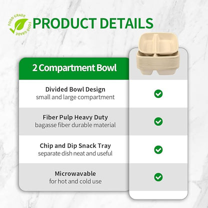 bloomoon 2 Compartment Paper Bowls 100 Pack for Chip and Dip | Divided Bowls Disposable Chips and Salsa Bowls for Party, Snack Bar Party Supplies