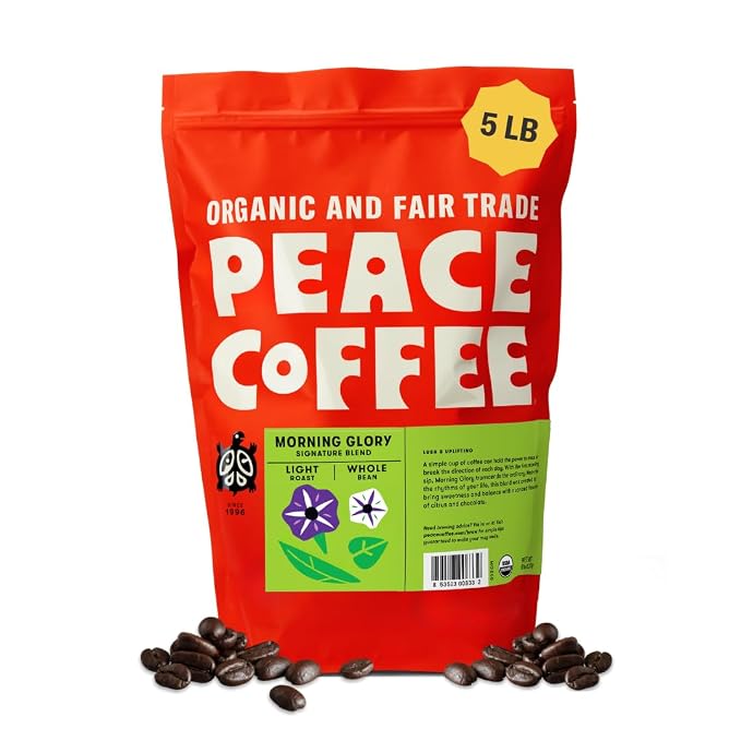 Peace Coffee Morning Glory Signature Blend Light Roast Whole Bean Coffee, 5 lb, Organic Fair Trade, Smooth, Mild Flavor, Shade Grown, Fresh Roasted