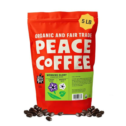 Peace Coffee Morning Glory Signature Blend Light Roast Whole Bean Coffee, 5 lb, Organic Fair Trade, Smooth, Mild Flavor, Shade Grown, Fresh Roasted