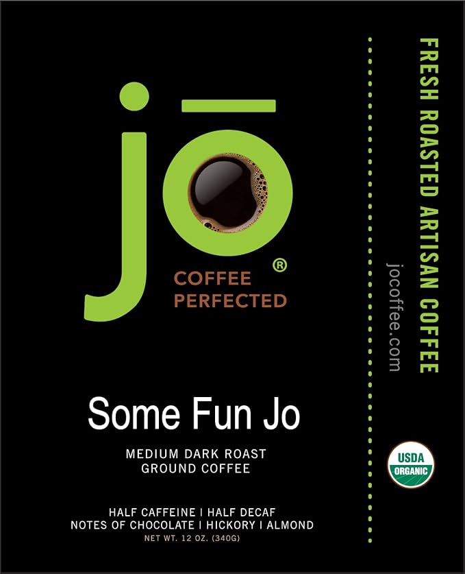 SOME FUN JO: 12 oz, Organic Half Caff Ground Coffee, 50/50 Regular/Decaf, Medium Dark Roast, Rich Tasting Notes, USDA Certified Organic, Kosher, Fair Trade, Gluten Free, Non-GMO, Chemical Free
