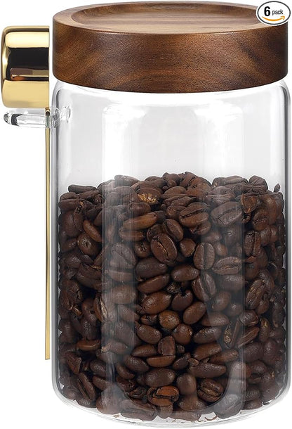 Glass Jars with Airtight Lid Scoop 30oz, Glass Coffee Ground Jar Container Round Clear Glass Storage Canister for Bean Spice Pantry Sugar Tea Seasoning Cookies Candy Chocolate (900ml(30oz)-1 Pack-B)