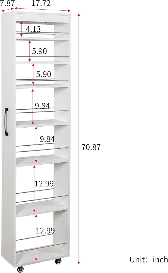 Slim Rolling Storage Cart, 7-Tier Pull-Out Spice Rack with Handle & Wheels, Narrow Kitchen Organizer for Next to Fridge, Pantry, Laundry Room, 7.87 Inch Wide Space Saver (White, Exposed Wheels)