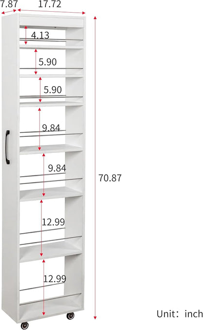 Slim Rolling Storage Cart, 7-Tier Pull-Out Spice Rack with Handle & Wheels, Narrow Kitchen Organizer for Next to Fridge, Pantry, Laundry Room, 7.87 Inch Wide Space Saver (White, Exposed Wheels)