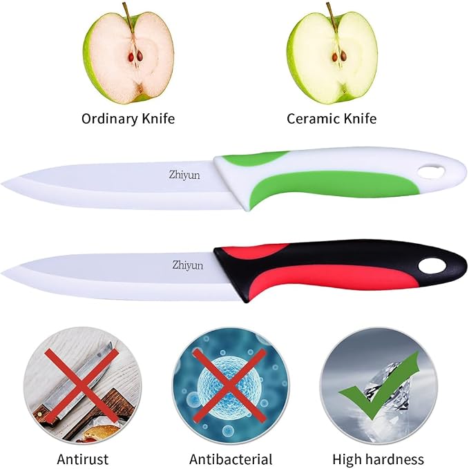 Zhiyun Paring knife 2 pcs Ceramic Knives 4 Inch Fruit Knife, Zirconia Blade with Ergonomic Comfort Handle,use for Fruit Vegetable Bread and Meat,2 knives with covers(Green and Black)