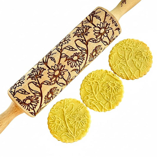 GOLDEN DAISIES Embossing Rolling Pin with Ornamental Bloom Pattern – Dough and Clay Roller for Embossed Cookies and Pottery - Cookie and Ceramic Stamp - Baking Gifts for Women by Algis Crafts