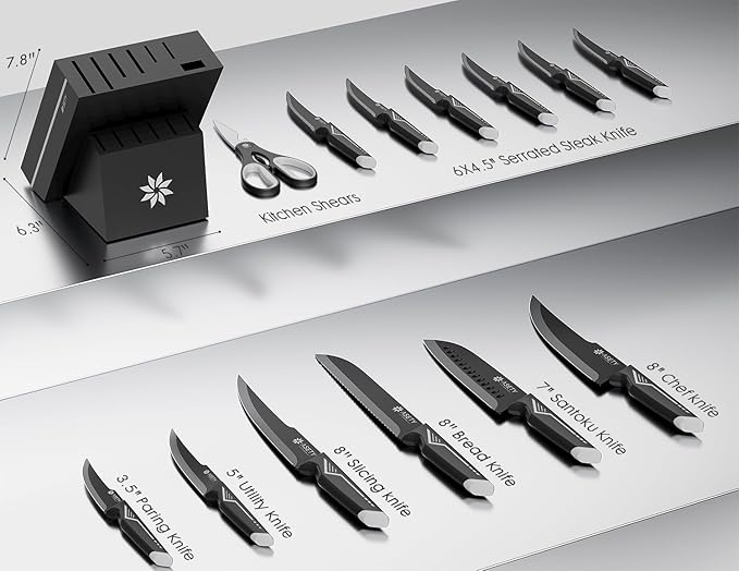 Knife Set - 15 PCS Kitchen Knife Set with Built-in Knife Sharpener Block - Stainless Steel Knife Block Set - Dishwasher Safe, Elegant Box for Men Women, Fathers day, White