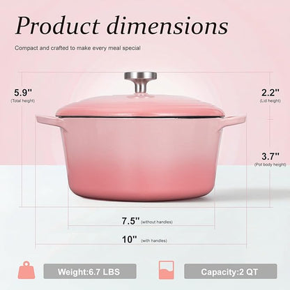 Overmont Heart-Shaped Enameled Cast Iron Dutch Oven, 2QT Pink Mini Pot with Lid for Cozy Meals, Soups & Small Batch Baking, Cute Kitchen Cookware Gift for Wedding, Housewarming & Birthday
