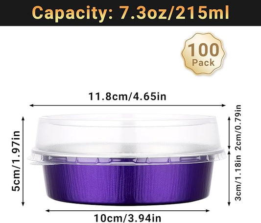 Beasea Mini Ramekins with Lids, 100 Pack 7.3oz Disposable Aluminum Tart Pie Baking Tins Pans, 4 Inch Small Individual Cheesecake Tart Containers Oven Baking Dishes for Party - Violet Purple