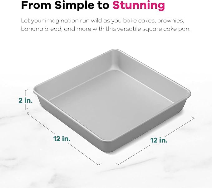 Wilton Aluminum 12x2 Inch Square Cake And Brownie Pan, Made With Natural Anodized Aluminum, Made Without PFAS, Bakeware Optimal For Even Heating