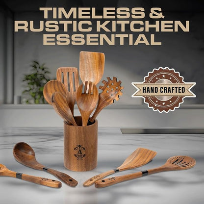 Armandine Premium Teak Wooden Spoons for Cooking 11-Piece - Non-Stick & Non-Scratch Wooden Cooking Premium Utensils Set - Heat Resistant Kitchen Utensils Set