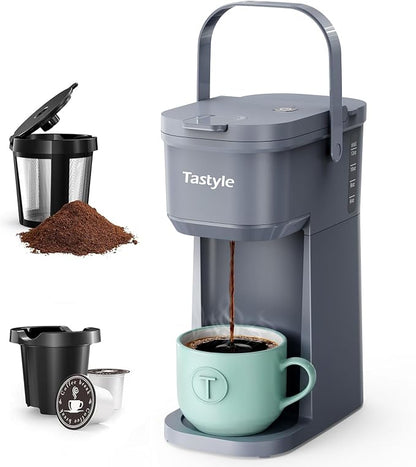Tastyle K302 Single Serve One Cup Coffee Maker, for K Cups and Grounds, Mini Coffee Maker with Portable Handle, 6 to 12 Oz Brew Size, for Travel, Camping, Office, RV and Dorm, 120V, Cool Gray
