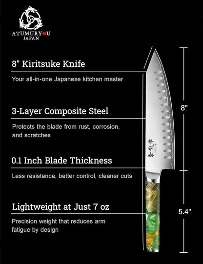 Japanese Chef Knife with SG2 Powder Steel, 8 Inch Professional Kitchen Knives, Handcrafted Kiritsuke Knife with Unique Jade Green Ergonomic Handle, Superior Edge Retention & Exceptional Durability