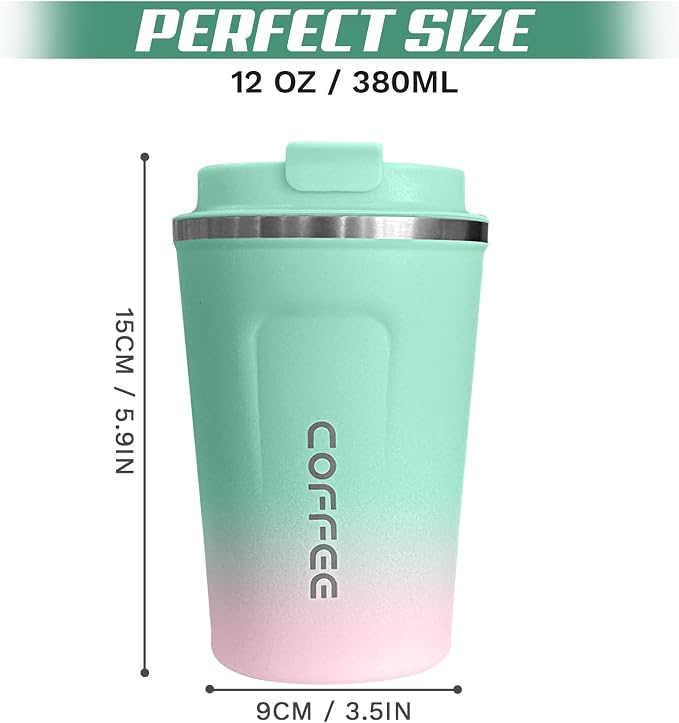 SPLMIFA Travel Coffee Mug Leak-Proof, Reusable Coffee Cups with Lids, Stainless Steel Vacuum Insulated Coffee Tumblers, Thermal Insulation Cup for Men and Women Hot & Cold Drinks(2nd-Green Pink, 12OZ)