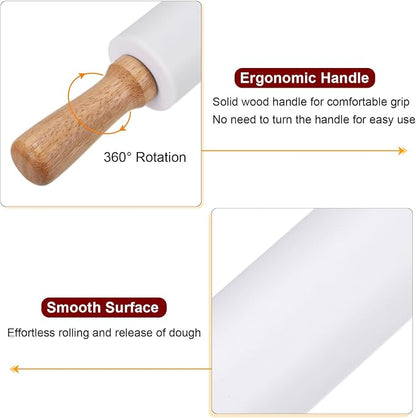 HARFINGTON Silicone Rolling Pins for Baking 14.96 Inch Non-Stick Silicone Surface Wooden Handle Rolling Pin Small Roller Playdough Rolling Pins for Fondant Kitchen Dough Pizza, White