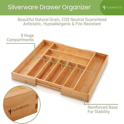 Purawood Bamboo Drawer Organizer, 2 Pack - Expandable Silverware Organizer & Utensil Organizer, Cutlery Tray with Dividers, 7-9 Slots- Premium Kitchen Organizer for Utensils & Flatware (Natural)