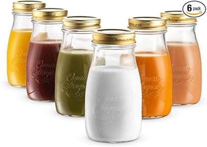 Bormioli Rocco Quattro Stagioni Small Bottles (Set of 6) - 6.75 Oz. Embossed Reusable Glass Jars with Airtight Lid, For Food Prep, Sauces, Gifts & Crafts - Round Bottle Containers, Made in Italy