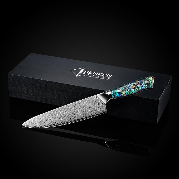 SENKEN Damascus Steel 8" Chef Knife with Real Deep-Sea Abalone Shell Handle - Umi Collection - 67-Layer Japanese VG10 Forged Steel Blade, Integrated Full-Tang Molding, Angled Bolster (8" Chef Knife)