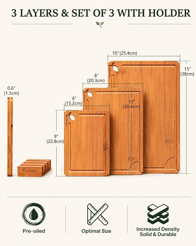 Cutting Boards for Kitchen, Bamboo Cutting Board Set of 3 with Storage Stand, Deep Carbonized Chopping Boards with Deep Juice Grooves and Side Handles for Meat, Vegetables, Fruit and Meal Prep