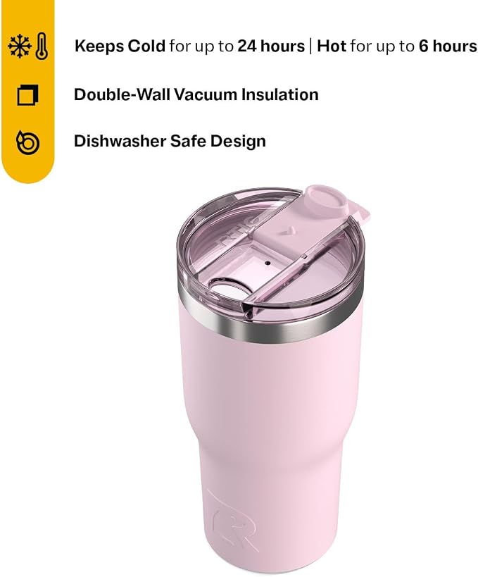 RTIC 30oz Essential Tumbler with Lid, Ceramic Lined, Insulated, Stainless Steel, Metal, Double Wall Vacuum-Insulation, Travel Cup for Iced Coffee, Tea, Hot and Cold Drink, Pale Pink