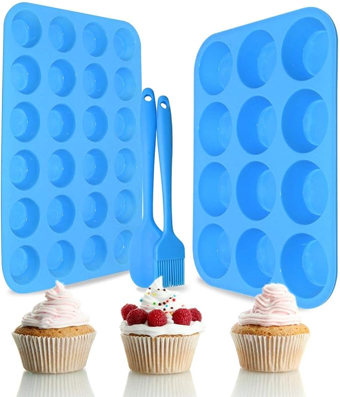 Silicone Muffin Pan Cupcake Set – Non-Stick 12 Cups and Mini 24 Cups,Silicone Baking Molds,BPA Free Muffin Tin with 1 Spatula & 1 Oil Brush (blue)