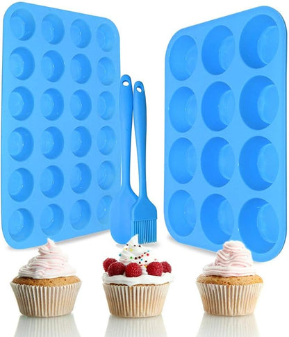 Silicone Muffin Pan Cupcake Set – Non-Stick 12 Cups and Mini 24 Cups,Silicone Baking Molds,BPA Free Muffin Tin with 1 Spatula & 1 Oil Brush (blue)
