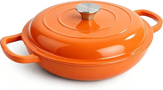 3 Quart Enameled Cast Iron Braiser, Non Stick Enameled Cast Iron Skillet with Lid, Dutch Oven Skillet with lid up to 500°F for Oven, Stove, Grill, Shallow Dutch Oven for Cook, Bake (Orange)