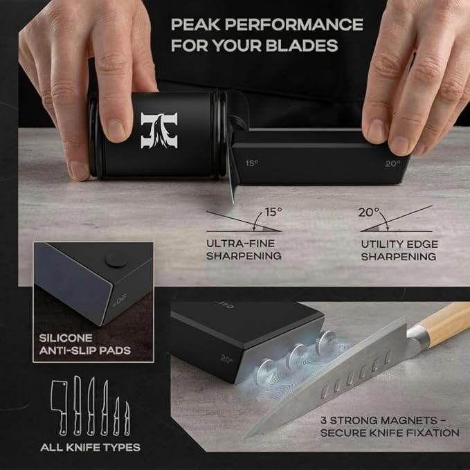 High Carbon Stainless Steel Rolling Knife Sharpener with 400, 1000 & 3000 Replacement Discs - Blunt Knife Sharpening Kit with 15 and 20 Degree Sharpening for Kitchen & Chef's Knives (BLACK)