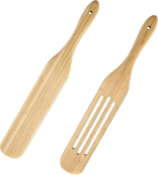 GEEKHOM Wooden Spurtle Set Bamboo Utensils : 13 Inch for Sourdough Starter, Mixing Scraping Serving, Reaching Jar Bottom, Nonstick Cookware 2 Set