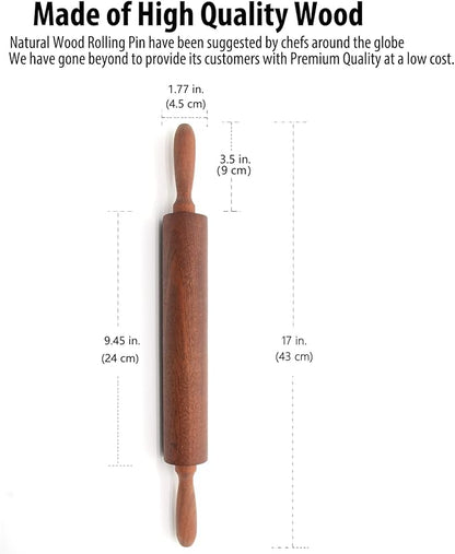 Classic Sapele Wooden Rolling Pin With Handles 17''L x 1.77"W | Wood Baking Roller for Pizza, Pie, Bread, Pastry & Cookie Dough