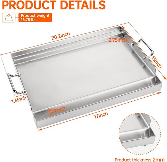 LotFun 17" x 13" Stainless Steel Cooking Griddle for Outdoor Gas Grill, Universal Griddle Flat Top Plate Insert with Grease Groove and Removable Handles for Electric/Charcoal/Gas Grill, Camping,Party