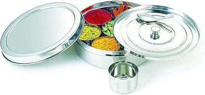 Stainless Steel Masala Dabba – 8x8 inch Indian Spice Box with 7 Compartments for Kitchen Storage