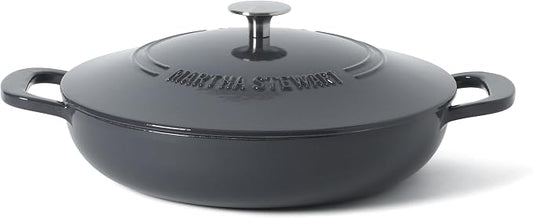 Martha Stewart Gatwick Enameled Cast Iron Braiser with Lid, 3.5-Quart Braiser Pan for Stovetop & Oven, Cast Iron Braising Pan, Grey