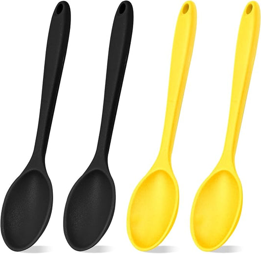 4Pcs Silicone Basting Serving Spoon Silicone Nonstick Mixing Spoon Silicone Spoons for Cooking Heat Resistant Non Stick Serving Spoon for Kitchen Cooking,Baking,Stirring (Black+Yellow)