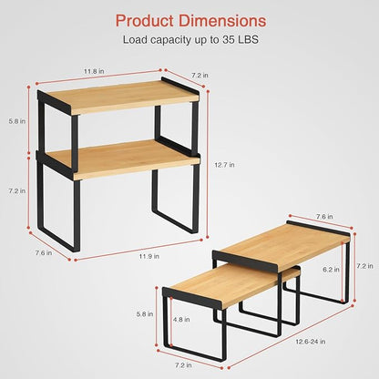 Goozii Cabinet Shelf Organizer Set of 4, Kitchen Counter Shelf Riser for Plates Dishes Cups Mugs Spices, Pantry Cupboard Cabinet Organizers and Storage Shelves Rack Insert for Countertop (Bamboo Wood)