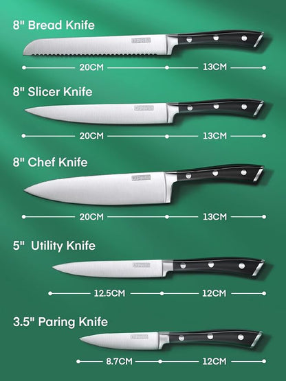 Knife Set, D.Perlla 6 Pieces Small Kitchen Knife Set with Block, German Stainless Steel Knives Set, Sharp Chef Knife Block Set, Brown