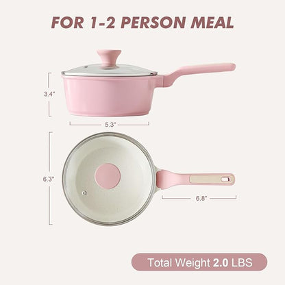 SENSARTE Ceramic Nonstick Saucepan with Lid 1.5 Quarts, Small Kitchen Cooking Pot with Stay Cool Handle, Induction Compatible, Ceramic Coating, Free of Intentionally Added PTFE/PFOA/PFAS, Sakura Pink