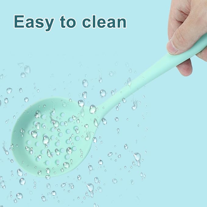 Hordion 1 Pcs Silicone Slotted Spoon, Green Strainer Spoon Non Stick Silicone Skimmer Heat Resistant Cooking Spoon
