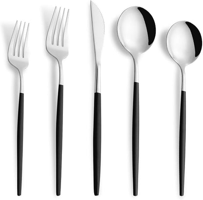 40 Piece Black Silver Silverware Set,Stainless Steel Flatware Cutlery Set Service for 8 Including Forks Spoons Knives,Utensil Set,Tableware for Home and Restaurant, Dishwasher Safe
