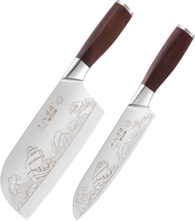 SHI BA ZI ZUO Meat Cleaver Set Chinese Style Patterns 7.09”&6.97" Chef Knife Stainless Steel Professional Kitchen Cleaver And Santoku Knife (Kitchen Knife Set 2 Pcs)
