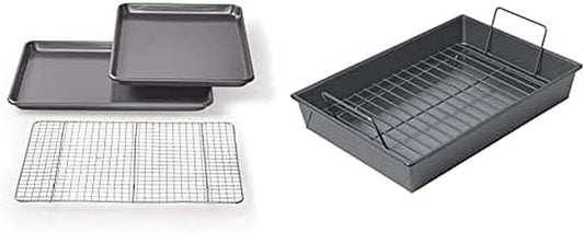 Chicago Metallic Professional Non-Stick Cookie/Jelly-Roll Pan Set with Cooling Rack, 17-Inch-by-12.25-Inch & Professional Roast Pan with Non-Stick Rack, 13-Inch-by-9-Inch, Gray