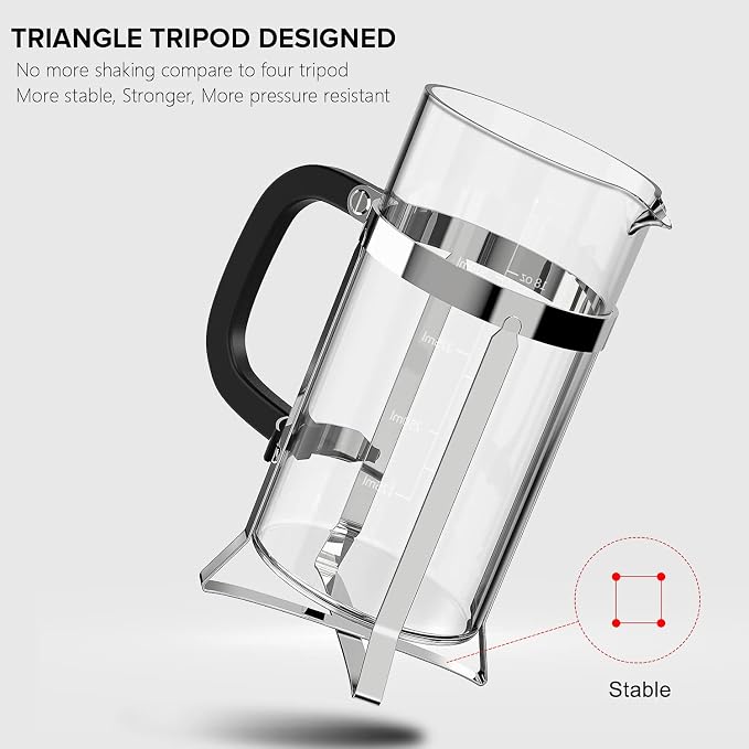 QUQIYSO French Press Coffee Maker 304 Stainless Steel French Press with 4 Filter, Heat Resistant Durable, Easy to Clean, Borosilicate Glass Coffee Press, 100% BPA Free Glass Teapot, 21 ounce, Silver