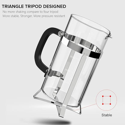 QUQIYSO French Press Coffee Maker 304 Stainless Steel French Press with 4 Filter, Heat Resistant Durable, Easy to Clean, Borosilicate Glass Coffee Press, 100% BPA Free Glass Teapot, 21 ounce, Silver