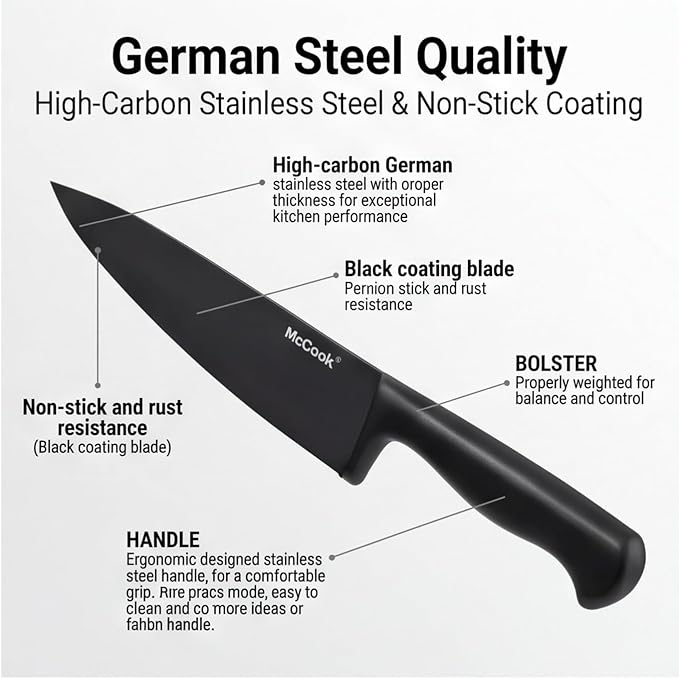 McCook® Knife Sets,German Stainless Steel Knife Block Sets with Built-in Sharpener, 15-Piece Razor-Sharp Kitchen Knives with Ergonomic Handles, Elegant Box for Gift, Black
