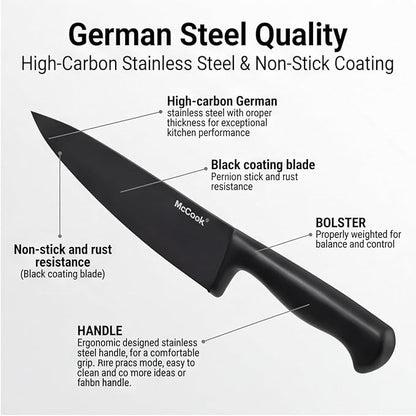 McCook® Knife Sets,German Stainless Steel Knife Block Sets with Built-in Sharpener, 15-Piece Razor-Sharp Kitchen Knives with Ergonomic Handles, Elegant Box for Gift, Black