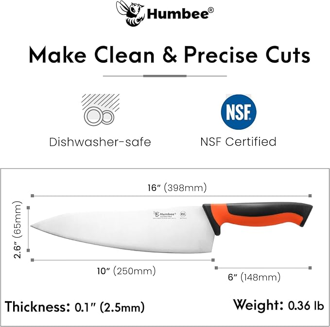 10-Inch Chef Knife, NSF Certified Razor-Sharp High Carbon Stainless Steel Blade – Ergonomic Color Coded Handle, Non-Slip Grip Kitchen Knife, DT-10 Series, Orange