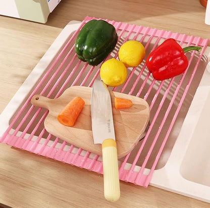 Roll Up Dish Drying Rack Over The Sink.Foldable Kitchen Drainer,Fully Silicone Cover Stainless Steel Bar,Heat-Resistant, Anti-Slip Sink Rack for Kitchen Counter Multipurpose.