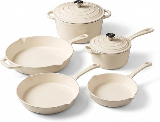 QuliMetal Enameled Cast Iron Cookware Set, 5-Piece Pots and Pans Set with Lids, Skillet, Frying Pan, Saucepan & Dutch Oven for All Stovetops, PFOA Free, Ideal for Sourdough Bread Baking